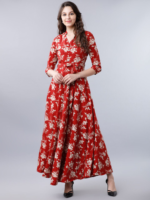 

Tokyo Talkies Women Rust Orange Floral Printed Maxi Dress