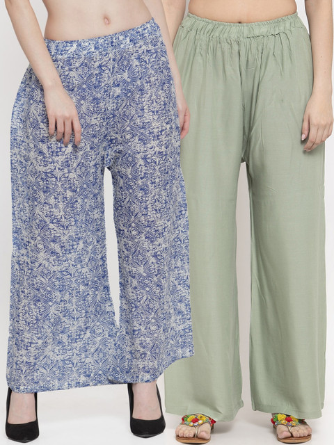 

TAG 7 Women Green & Blue Printed Wide Leg Palazzos