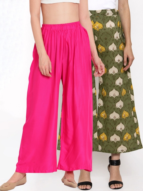 

TAG 7 Women Set Of 2 Pink & Green Printed Flared Palazzos
