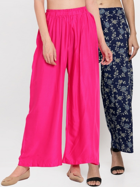 

TAG 7 Women Pack Of 2 Pink & Navy Blue Printed Flared Palazzos