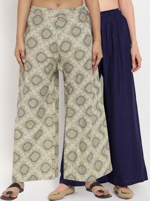 

TAG 7 Women Pack Of 2 Navy Blue & Green Printed Flared Palazzos