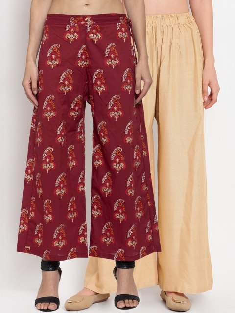 

TAG 7 Women Pack Of 2 Beige & Maroon Printed Flared Palazzos