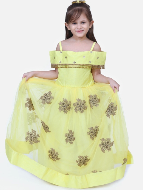 

Fairies Forever Girls Yellow & Gold Embroidered Off-Shoulder Maxi Dress