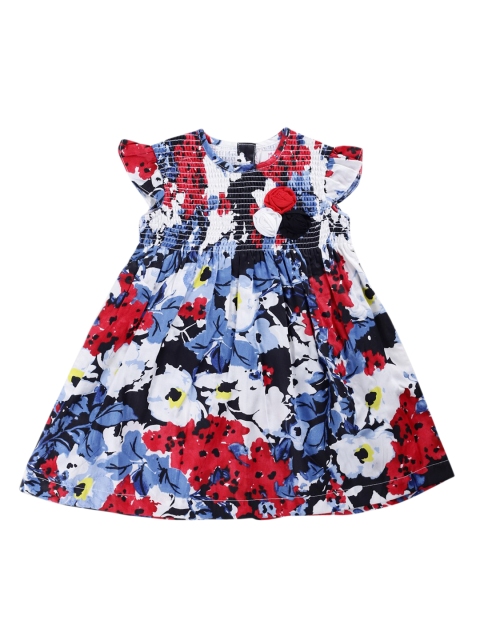 

YOUNG BIRDS Girls Blue& Red Floral Printed A-Line Smocked Dress