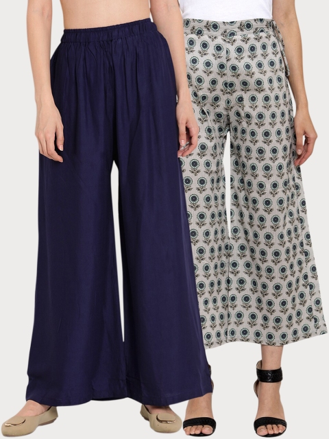 

TAG 7 Women Pack Of 2 Navy Blue & Grey Printed Flared Palazzos