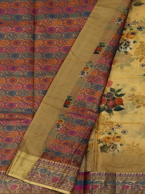 

Pothys Yellow & Pink Jute Silk Floral Print Saree