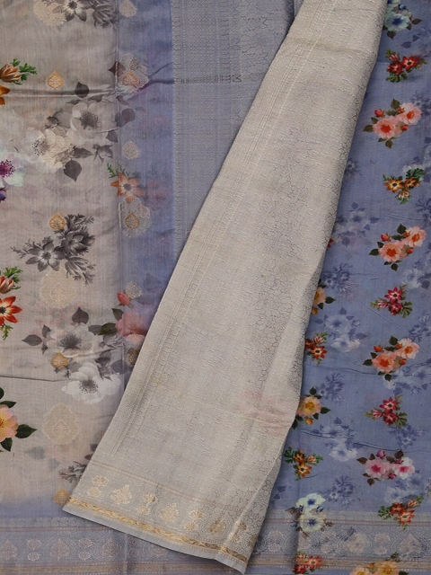 

Pothys Grey & Blue Jute Silk Printed Saree