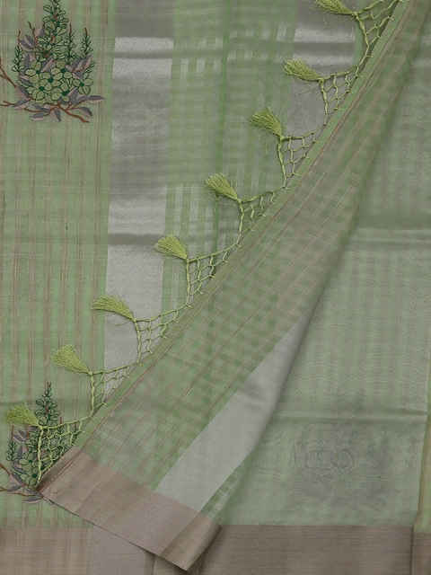 

Pothys Green & Grey Cotton Blend Checked Saree