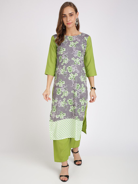 

Silk Bazar Women Grey & Green Floral Printed Straight Kurta