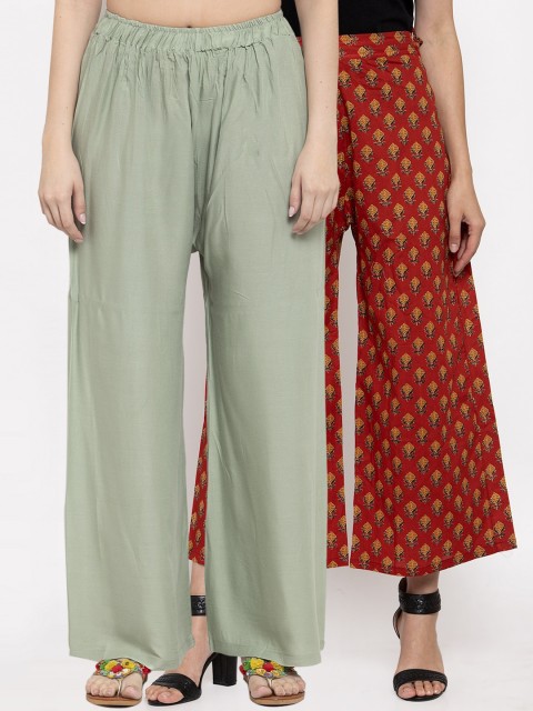 

TAG 7 Women Set Of 2 Green & Red Printed Wide Leg Palazzos
