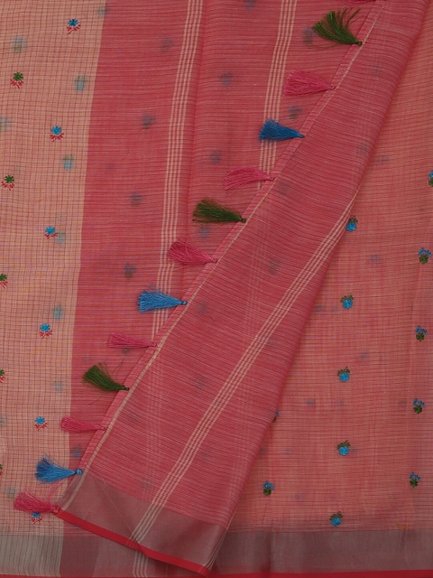 

Pothys Cream-Coloured & Pink Linen Blend Floral Embroidered Saree