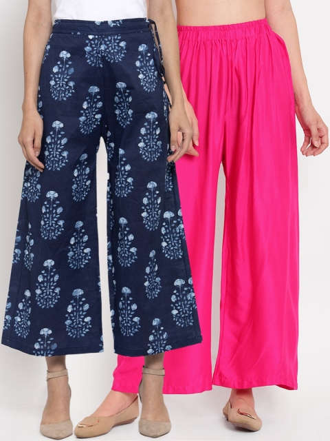 

TAG 7 Women Pack Of 2 Pink & Navy Blue Printed Flared Palazzos