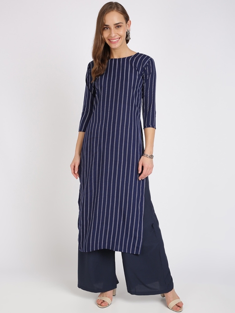 

Silk Bazar Women Navy Blue Striped Straight Kurta