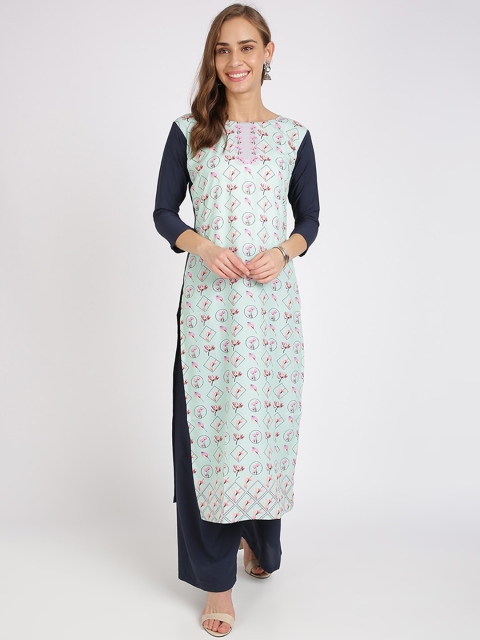 

Silk Bazar Women Green & Navy Blue Floral Print Straight Kurta