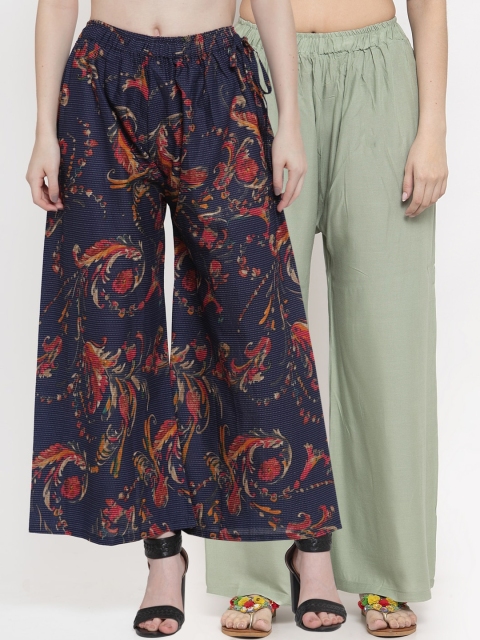 

TAG 7 Women Green & Navy Blue Pack of 2 Printed Flared Palazzos