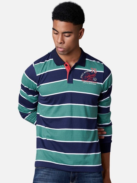 

MARCA Disati Men Sea Green & Navy Blue Striped Polo Collar T-shirt