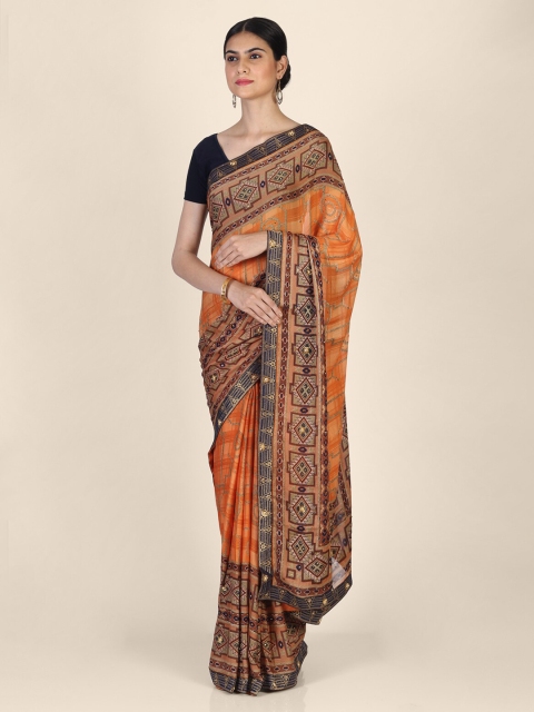 

CLAI WORLD Orange Printed Handloom Poly Georgette Saree