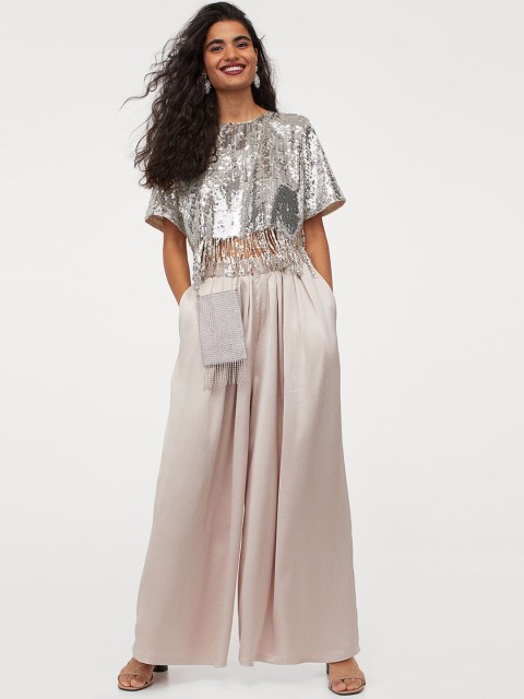 

H&M Women Silver-Toned Fringe-Hem Sequined Top