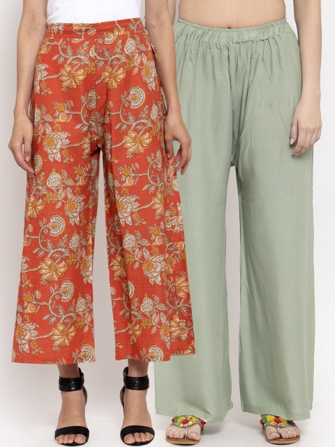 

TAG 7 Women Pack Of 2 Green & Peach-Coloured Printed Flared Palazzos
