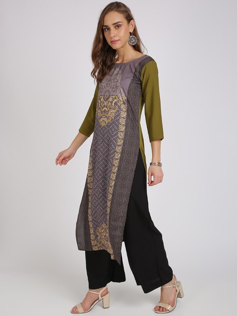 

Silk Bazar Women Green & Mauve Printed A-Line Kurta