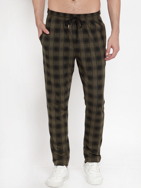 

CONFIDENCE Men Olive-Green & Black Checked Slim-Fit Track Pants