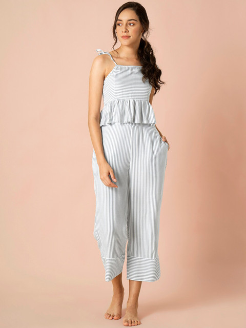 

INDYA Women White & Grey Striped Night suit