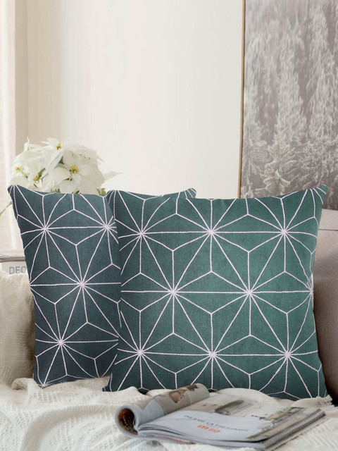 

LUXENMEAD Set Of 2 Green & Off-White Embroidered Cushion Covers