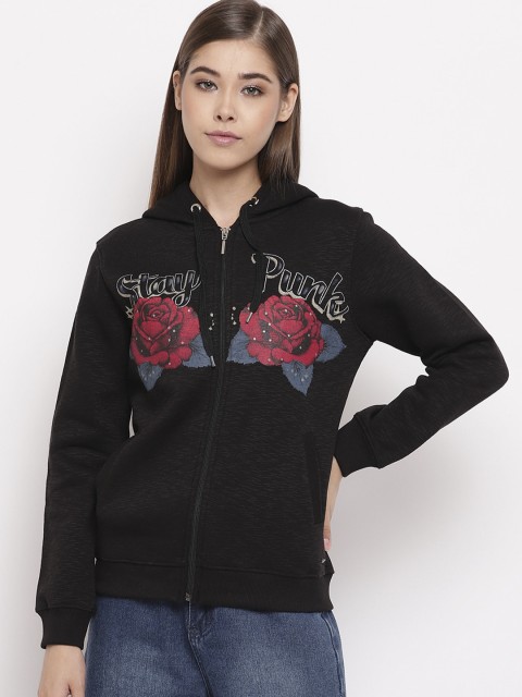 

Miss Grace Women Black Printed Hooded Sweatshirt