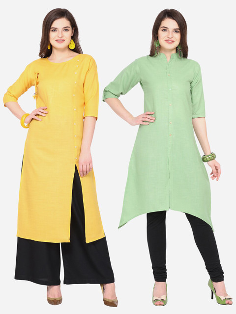 

Silk Bazar Women Yellow & Green Solid Kurti with Churidar