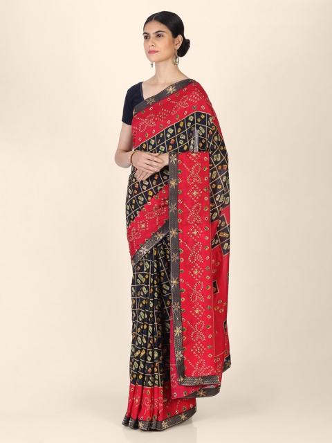 CLAI WORLD Black & Red Poly Georgette Printed Bandhani Saree