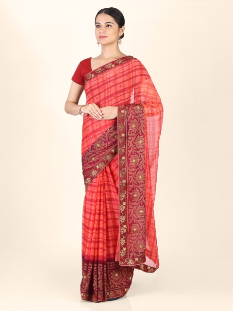 

CLAI WORLD Red & Maroon Poly Georgette Checked Handloom Saree