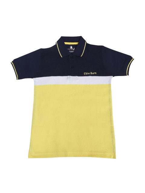 

CRAZYPENGUIN Boys Yellow & Navy Blue Colourblocked Polo Collar T-shirt