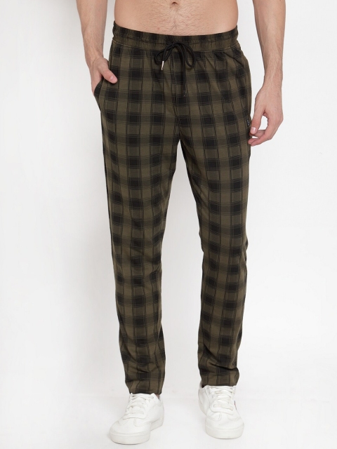 

CONFIDENCE Men Olive-Green & Black Checked Slim-Fit Track Pants