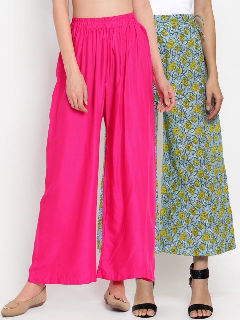 

TAG 7 Women Pink & Blue Pack of 2 Printed Flared Palazzos