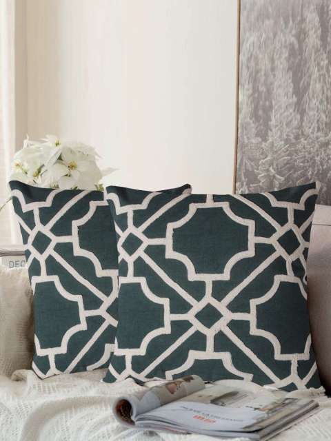 

LUXENMEAD Green & Cream-Coloured Set of 2 Embroidered Square Cushion Covers