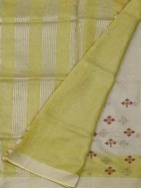 

Pothys Cream-Coloured & Yellow Linen Blend Printed Saree