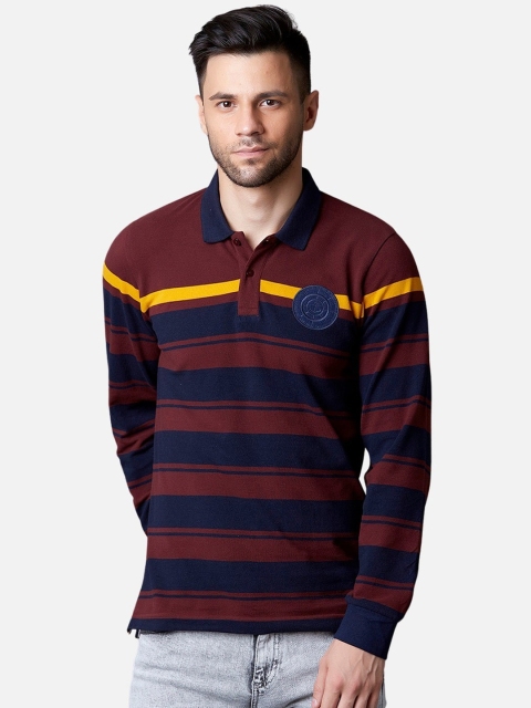 

MARCA Disati Men Maroon & Navy Blue Striped Polo Collar T-shirt
