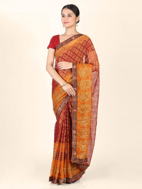 

CLAI WORLD Red & Gold-Toned Poly Georgette Checked Saree