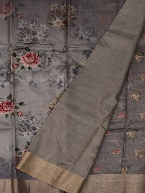 

Pothys Grey Printed Jute Silk Saree