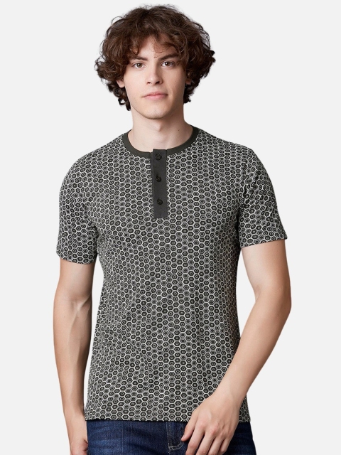 

MARCA Disati Men Olive Green Printed Henley Neck T-shirt