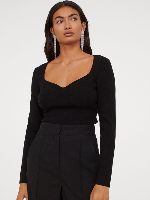 

H&M Women Black Sweetheart-Neckline Top