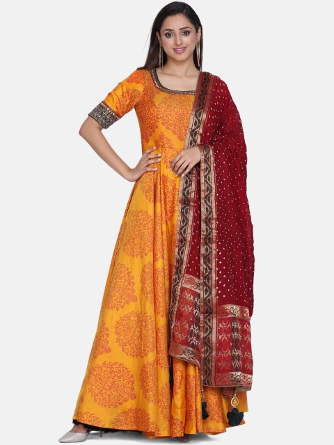 

BOMBAY SELECTIONS Women Yellow & Red Yoke Design Kurta with Churidar & Dupatta