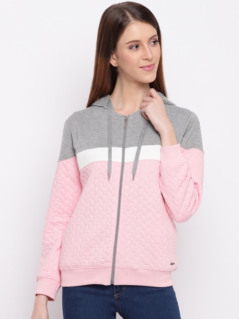 Miss Grace Women Pink & Grey Colourblocked Hooded Sweatshirt