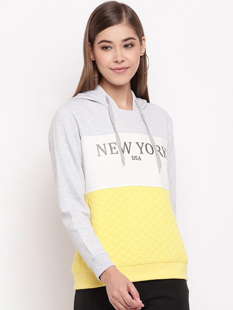 

Miss Grace Women Yellow & White Colourblocked Hooded Sweatshirt