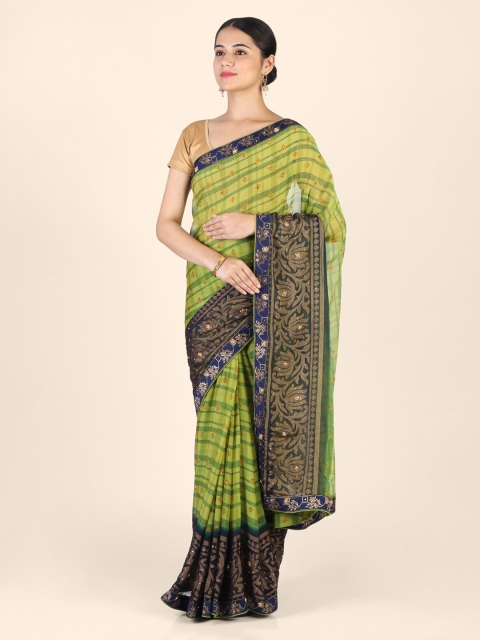 

CLAI WORLD Green & Navy Blue Handloom Poly Georgette Striped Saree