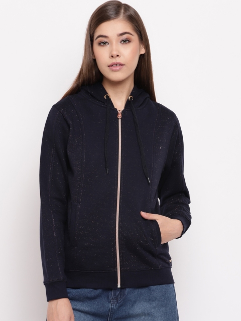 Miss Grace Women Navy Blue Solid Hooded Sweatshirt