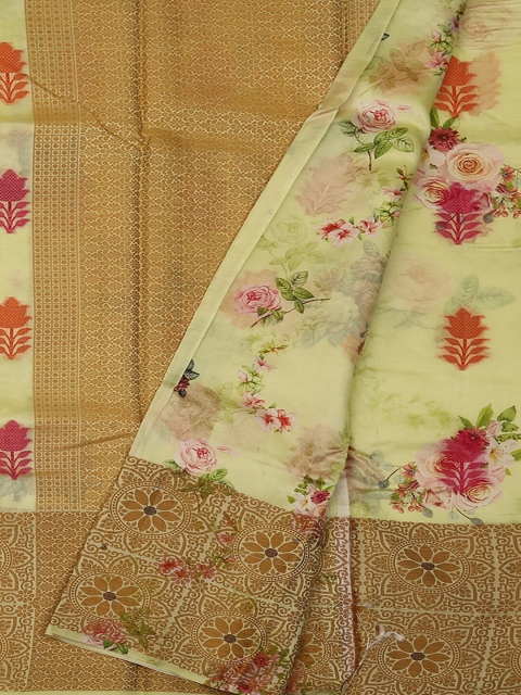 

Pothys Yellow & Brown Jute Silk Floral Print Saree