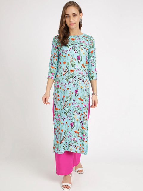 

Silk Bazar Women Turquoise Blue Printed A-Line Kurta
