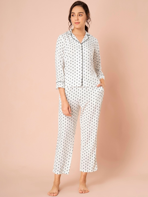 

INDYA Women White Printed Night Suit