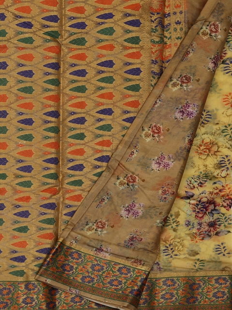 

Pothys Mustard Yellow & Brown Jute Silk Printed Tussar Saree
